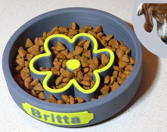 Tazón de alimentación lenta para perros personalizado / Nombre de mascota personalizado / Base antideslizante / Comida lenta / Tazón para gatos / Impreso en 3D / Estilo de flor / Hecho en la UE