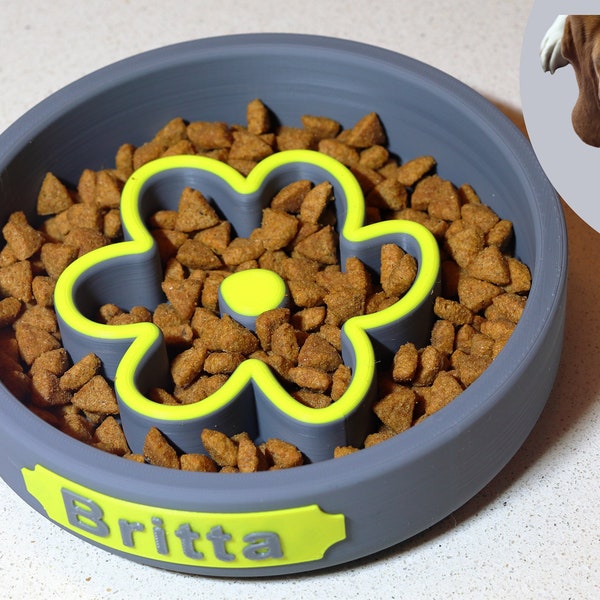 Personalized Dog Slow Feeder Bowl | Custom Pet Name | Anti-Slip Base | Slow Eating | Cat bowl | 3D Printed | Flower Style | EU made