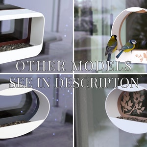 May include: A composite image displaying four contemporary bird feeder designs. The feeders are white, with transparent panels and seed trays. The designs include a rectangular "Bird Dock", a circular "Bird Friend" with birds perched on it, and two oval "Oasis" models. The text "OTHER MODELS SEE IN DESCRIPTION" is also present.
