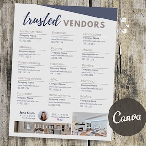 以下が含まれることがあります： 家電修理、電気工事、床張り、造園、引越し、塗装、配管、屋根など、住宅サービスの信頼できるベンダーのリストです。リストには、各ベンダーの会社名、ウェブサイト、電話番号が含まれています。画像には、不動産会社の連絡先情報とCanvaのロゴも含まれています。