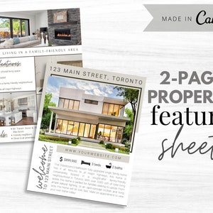 May include: A two-page real estate property feature sheet with a photo of a modern home. The sheet includes the address, website, price, number of bedrooms and bathrooms, and a welcome message. The text reads "Welcome to 123 Main Street, 123 Main Street, Toronto, WWW.YOURWEBSITE.COM, $899,900, 3 beds, 2 baths".