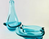 Antique Neodymium Vase Bowl 2 pieces set by F. Zemek Vintage Art Bohemian Sculpture, colorful glassware changing color