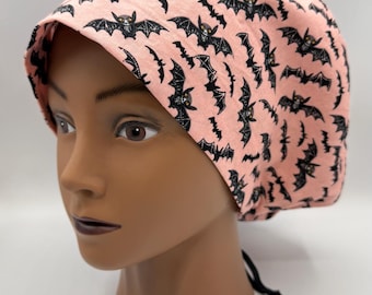 Women's Scrub Cap | Euro Style | Boo Bats Pink w/ adjustable toggle lock