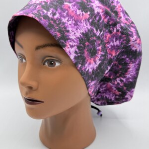 Women&#39;s Scrub Cap | Euro Style | Purple Tie Dye w/ adjustable toggle lock
