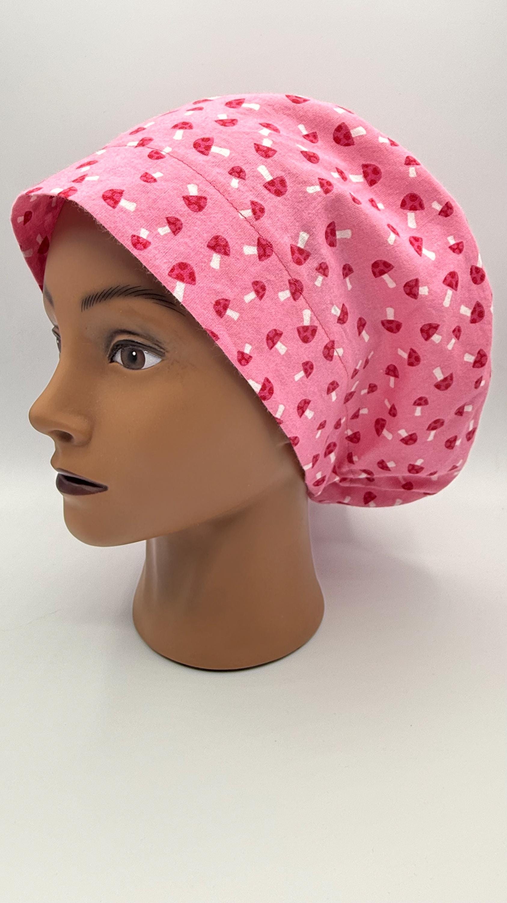Women's Scrub Cap | Euro Style | Mushrooms on Pink w/ adjustable toggle lock