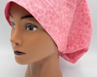 Women&#39;s Scrub Cap | Euro Style | Small Roses Pink w/ adjustable toggle lock