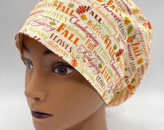 Women's Scrub Cap | Euro Style | Fall Script on Cream w/ adjustable toggle lock