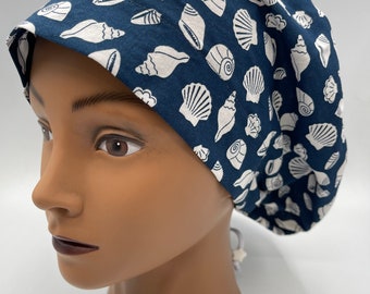 Women's Scrub Cap | Euro Style | Seashells on Blue w/ adjustable toggle lock