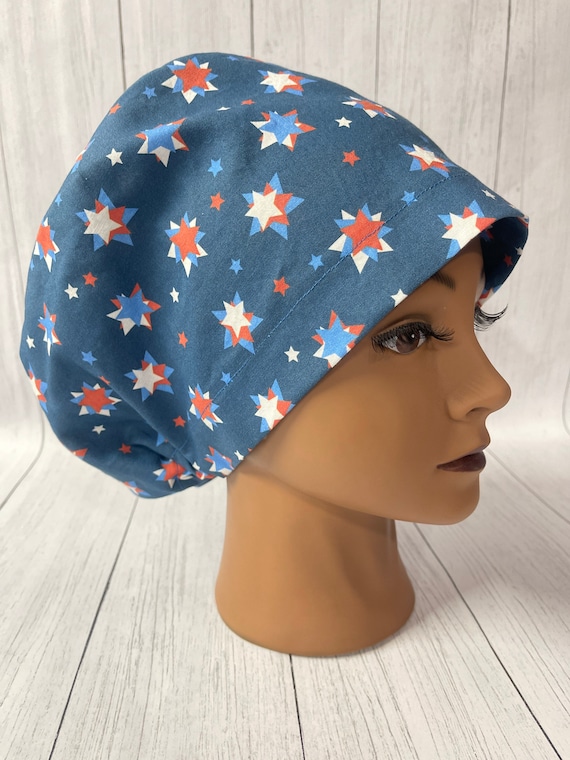Blue and White Patriotic Stars Women's Euro Style Scrub Cap. 4th of July women surgical hat