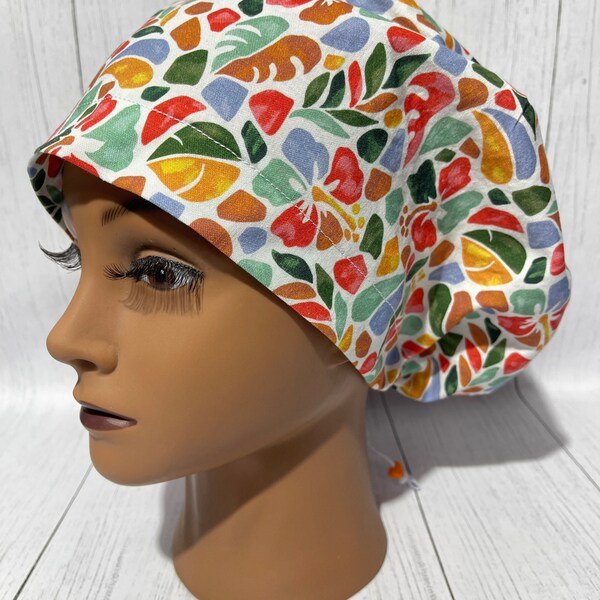 Women's Scrub Cap | Euro Style |  Siesta Hawaiian Flowers/Palms w/ adjustable toggle lock