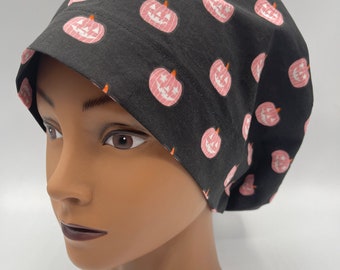 Women's Scrub Cap | Euro Style | Pink Pumpkins on Black w/ adjustable toggle lock
