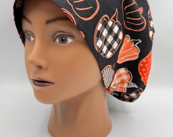 Women's Scrub Cap | Euro Style | Patterned Pumpkins w/ adjustable toggle lock
