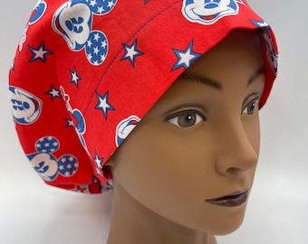 Women&#39;s Scrub Cap | Euro Style |  Patriotic Minnie and Mickey w/ adjustable toggle lock
