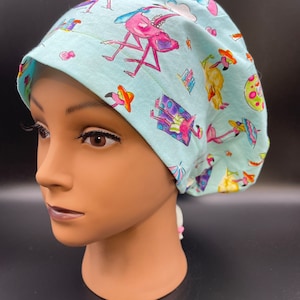 Women&#39;s Scrub Cap | Euro Style |  Flamingos on the Beach w/ adjustable toggle lock
