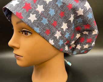 Women&#39;s Scrub Cap | Euro Style | Stars on Denim w/ adjustable toggle lock