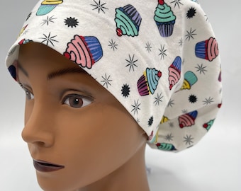 Women's Scrub Cap | Euro Style | Cupcakes on White w/ adjustable toggle lock