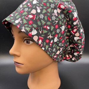 Women&#39;s Scrub Cap | Euro Style | Mini Santa and Trees w/ adjustable toggle lock