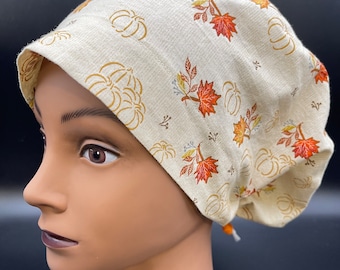 Women&#39;s Scrub Cap | Euro Style | Cream Sketched Pumpkins w/ adjustable toggle lock