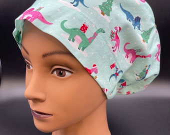 Women&#39;s Scrub Cap | Euro Style | Dinosaur and Trees Christmas w/ adjustable toggle lock