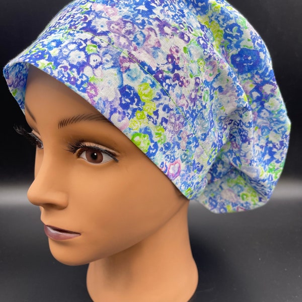 Women's Scrub Cap | Euro Style |  Blue/Green/Purple Flower w/ adjustable toggle lock