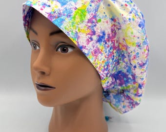 Women's Scrub Cap | Euro Style | Multi Colored Paint Splatter w/ adjustable toggle lock