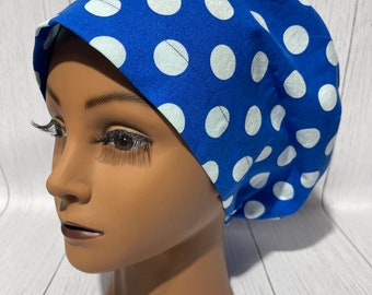 Women's Scrub Cap | Euro Style |  Blue Polka Dots w/ adjustable toggle lock