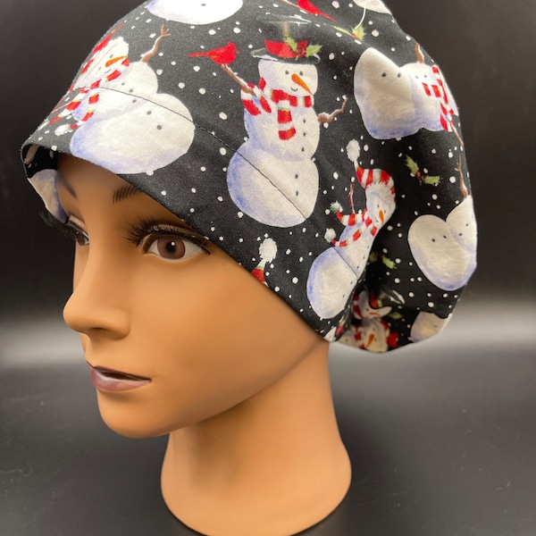 Women's Scrub Cap | Euro Style |  Snowman on Black w/ adjustable toggle lock