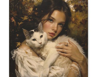 Beautiful Girl With Cat Canvas Wall Art Cat Lovers Gift Home Decor Pet Themed Canvas Painting Bedroom Wall Art Gift for Cat Enthusiasts
