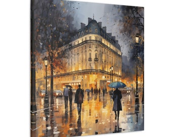 Puede incluir: Una pintura que representa una escena callejera parisina de noche. La calle está mojada por la lluvia y los edificios están iluminados con cálidas luces amarillas. La gente camina bajo paraguas y farolas.