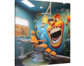 May include: A dental chair with orange upholstery is in a room with a colourful mural featuring a cartoon face with a wide open mouth and large teeth. The mural is painted on a blue wall with white clouds and green plants.