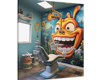 May include: A blue and yellow dental chair with a cartoon mural of a smiling orange creature on the wall behind it.