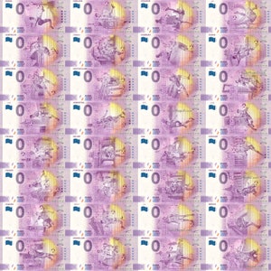 May include: A collage of zero Euro banknotes, each featuring a soccer player in action. The banknotes are predominantly purple with illustrations of players and soccer balls. Country names are printed on each note, including Canada, France, and Poland.