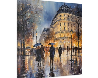 Puede incluir: Una pintura que representa una escena de calle parisina con gente caminando bajo paraguas bajo la lluvia. Los edificios están iluminados con luces amarillas cálidas, y la calle está mojada y reflectante.