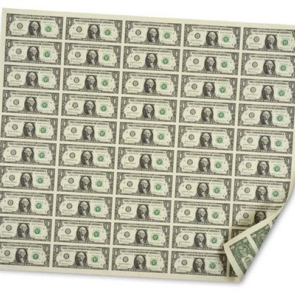 50 NOTE Sheet of One Dollar Full Uncut Sheet of Fifty One Dollar Notes UNC TUBE Unopened  Unique Numismatic Gift Paper Money Collector Gift