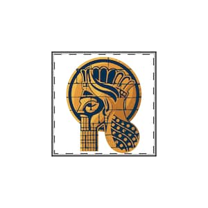 Puede incluir: Una pegatina gráfica cuadrada que presenta el perfil azul oscuro estilizado de una figura mesopotámica antigua con un tocado alto, sobre un fondo circular amarillo dorado con patrón de cuadrícula, bordeado por una línea negra discontinua.