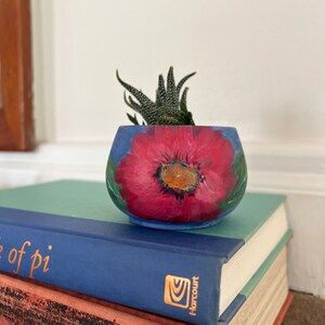 Small concrete planter with drainage hole . Floral Handpainted planter . Blue plant pot