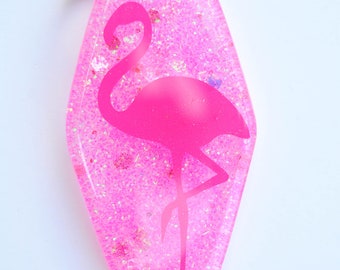Pink flamingos, pink glitter, retro, hotel, motel keychain luggage tag