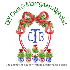 May include: A watercolor design featuring a red ribbon bow and a wreath with the text "DIY Crest & Monogram Alphabet". The design includes a monogram in blue and small Christmas trees in decorative pots. The text at the bottom reads "The ultimate toolkit for crafting a personalized crest!"