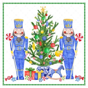 May include: Watercolor illustration featuring a Christmas tree decorated with ornaments, flanked by two blue nutcrackers. Presents, candies, and a rocking horse are at the base. The image is framed with a green dotted border.