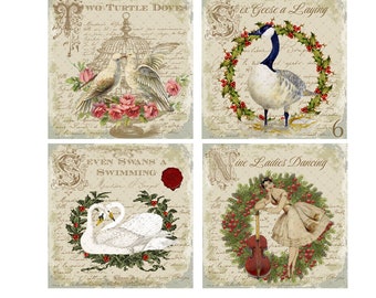 DIGITAL PRINT, 3 x 3 Christmas Prints, Twelve Days of Christmas, Christmas Ornaments, Mockingbird Florals, 12-Days of Christmas