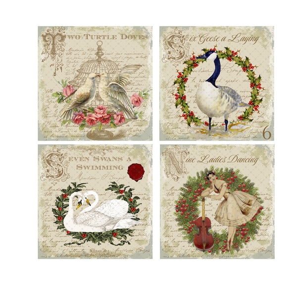 DIGITAL PRINT, 4 x 4 Prints, Twelve Days of Christmas  Digital, Christmas Download, Mockingbird Florals, 12-Days of Christmas Digital Prints