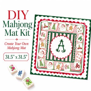 May include: A DIY Mahjong mat kit featuring a square mat with a red and green striped center, a scalloped white border with a letter A, and a red polka dot frame decorated with Christmas-themed Mahjong tiles. The mat measures 31.5 inches by 31.5 inches.