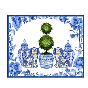 May include: Watercolor illustration featuring blue and white decorative elements. Two dog figurines flank a topiary in a blue and white barrel planter. Blue floral border with matching vases.