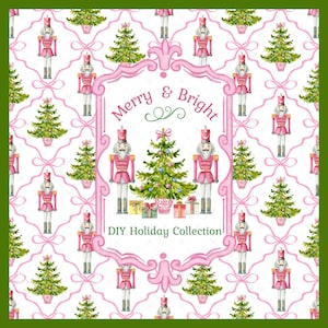 以下が含まれることがあります： ピンク色のくるみ割り人形とクリスマスツリーが白い背景に繰り返される、お祝いのホリデーデザイン。中央のデザイン要素には、装飾されたクリスマスツリー、ギフト、そして「Merry & Bright」と「DIY Holiday Collection」のテキストがピンク色のフレームで囲まれています。