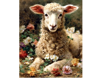 DIGITAL ART, Downloadable Vintage Lamb Print, Printable Easter, Mockingbird Florals, Digital Easter Sheep, Spring Printable Easter Lamb