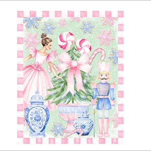 May include: A watercolor illustration of a Christmas scene with a ballerina, a nutcracker, a Christmas tree, and candy canes. The background is a pink and white checkered pattern.
