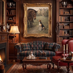 May include: A luxurious library with dark wood paneling, a fireplace, and a plaid sofa. A framed painting of a horse and dog hangs above the sofa. The room includes a red leather armchair, bookshelves, and a coffee table with a horse statue.
