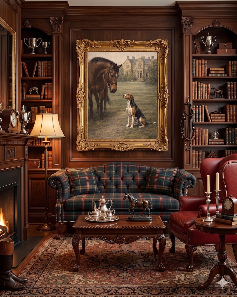 May include: A luxurious library with dark wood paneling, a fireplace, and a plaid sofa. A framed painting of a horse and dog hangs above the sofa. The room includes a red leather armchair, bookshelves, and a coffee table with a horse statue.