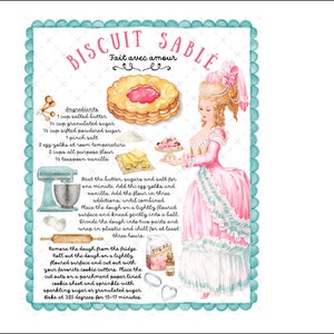 Pode incluir: Uma ilustração em aquarela de uma receita para biscoitos franceses de manteiga, chamada "Biscuit Sablé" com o texto "Fait avec amour", que significa "Feito com amor". A ilustração inclui uma mulher com um vestido rosa segurando um prato de biscoitos, uma tigela de açúcar, uma batedeira de pedestal e um close-up dos biscoitos.
