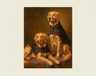 RIDSTJÄNST, Ralph Lauren-stil, Grand Millennial, Digital, Nedladdning, Golden Retriever-konst, Traditionell konst, Härmfågelblommor, Hundkonst